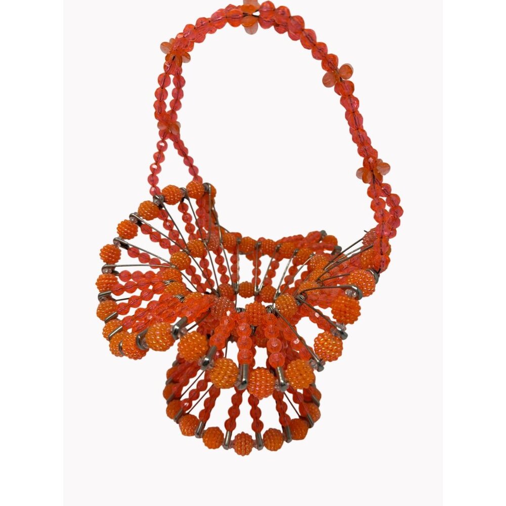 Vintage Handmade 10.5" Safety Pin Beaded Basket In Vibrant Orange & Red Beads